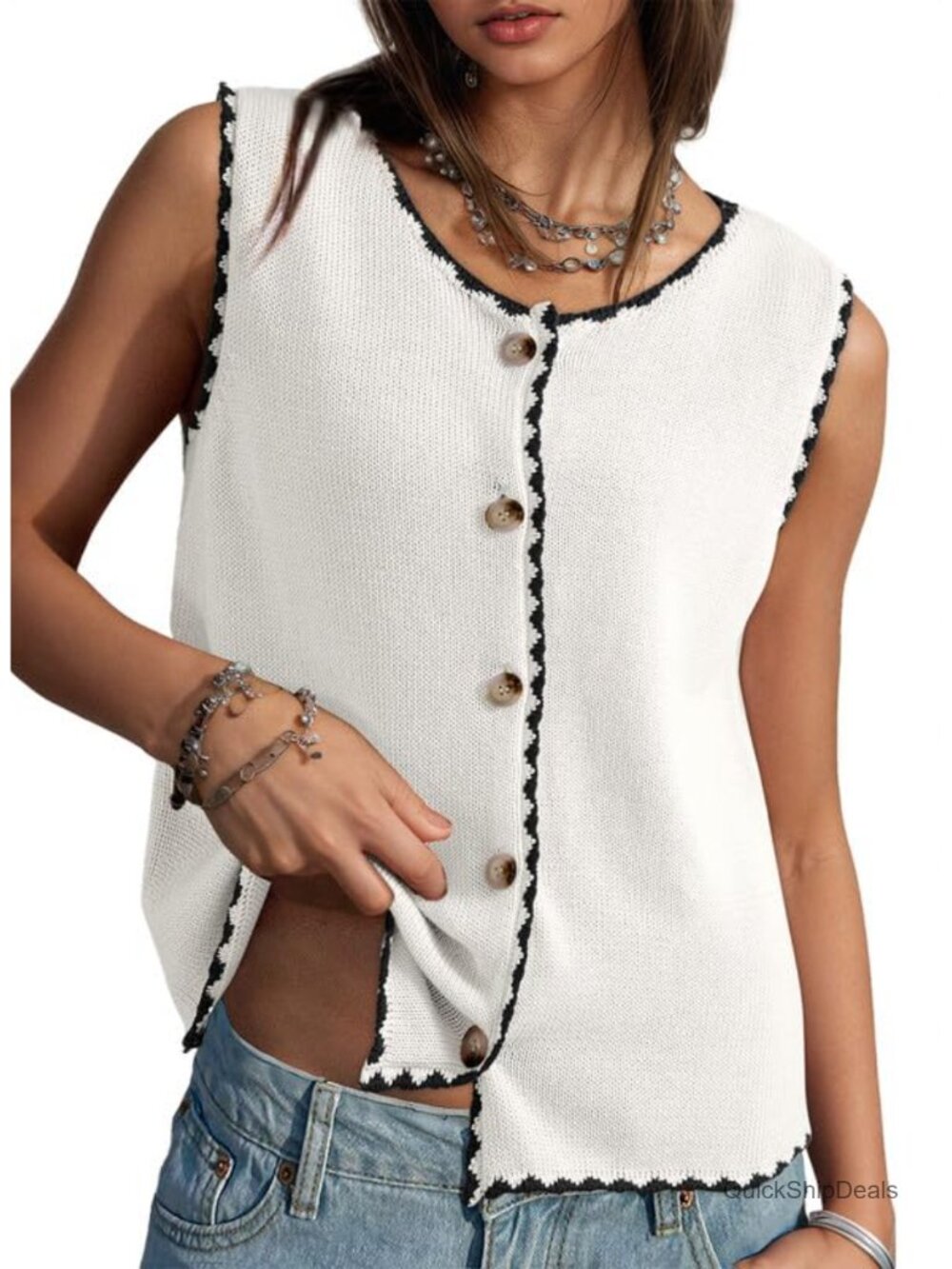 Sleeveless Button Up Color Block Knit Sweater Vest Crewneck Casual